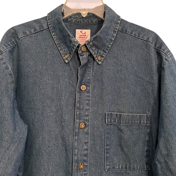 Vintage Open Trails Denim Shirt Chest Pocket Button Cuffs Button Up Classic Lg - Picture 1 of 12
